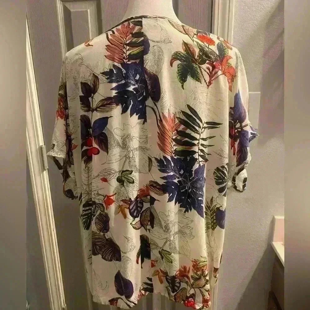 Emery Rose colorful top with plant prints drawstring hem & batwing sleeves XL - Picture 6 of 10
